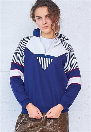 VINTAGE BLUE AND WHITE 1/4 ZIP PULLOVER SWEATSHIRT