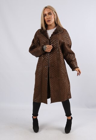 VINTAGE SHEEPSKIN SUEDE LEATHER SHEARLING COAT LONG (9JDT)