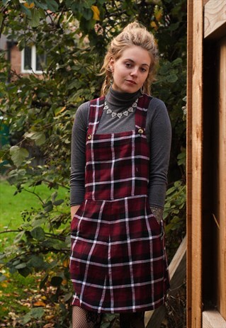 FAIRTRADE BURGUNDY TARTAN DUNGAREE / OVERALL DRESS