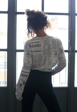 VINTAGE JOHN GALLIANO NEWSPAPER PRINT LONG SLEEVE TOP WHITE