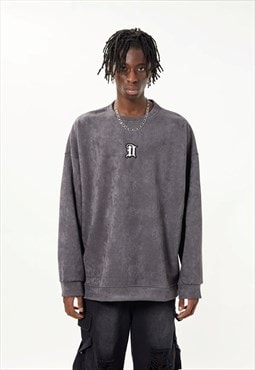 Velvet sweatshirt velour feel jumper thin retro top in grey