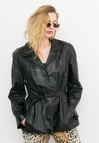 VINTAGE MIDI BLACK LEATHER BELTED TRENCH JACKET