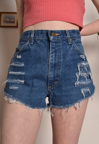 VINTAGE 90S LEE DENIM LOW WAIST BOOTY SHORTS IN BLUE