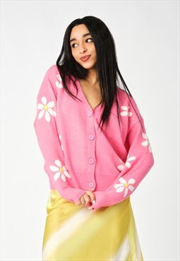 Pink Daisy Print Knit Relaxed Cardigan
