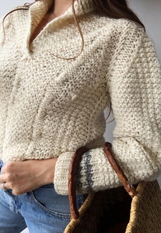VINATGE 70S ARAN NEUTRAL CHUNKY KNIT PARISIAN CHIC JUMPER