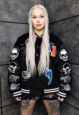 Bones varsity jacket faux leather skeleton baseball bomber