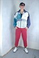 VINTAGE 80'S DISCO BAGGY ABSTRACT TRACK BOMBER JACKET WHITE 