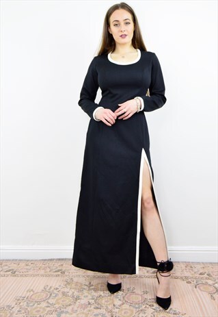 VINTAGE 70S BLACK THIGH SLIT EVENING MAXI DRESS