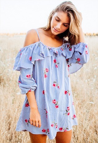 FLORAL COLD SHOULDER DRESS IN STRIPES