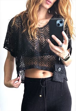 Semi Mesh Lace Sheer Boho Cropped Top Blouse One Size Plus