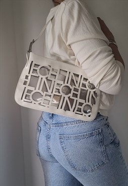 Celine Vintage Cut out logo designe Cream Leather Bag