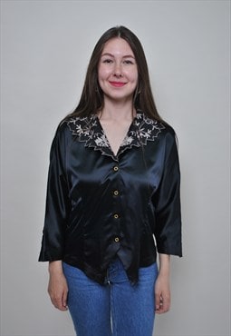 90s flowers embroidery blouse in black, vintage embroidered 