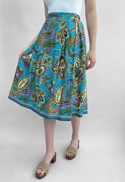 70's Vintage Ladies Skirt Blue Cotton Multi Print Midi Large