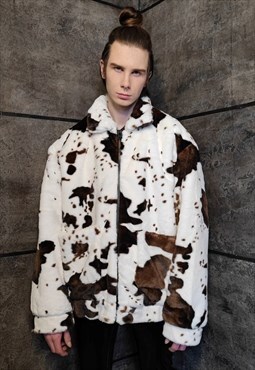 Cow fleece jacket faux fur fluffy animal print bomber brown