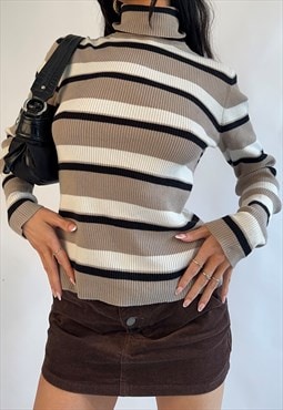 Vintage y2k 00s Casual Corner Stripe Rib Roll Neck Sweater