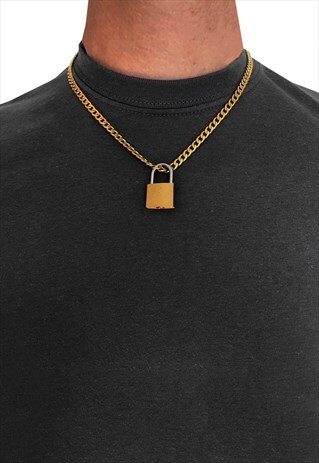 24" 20MM PADLOCK PENDANT 6MM NECKLACE CHAIN - GOLD