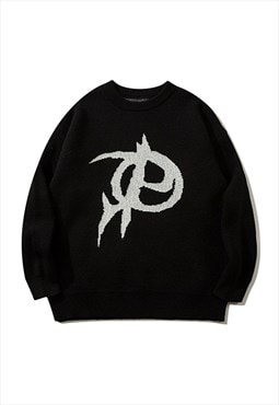 Cyber punk sweater geometric jumper letter pullover black