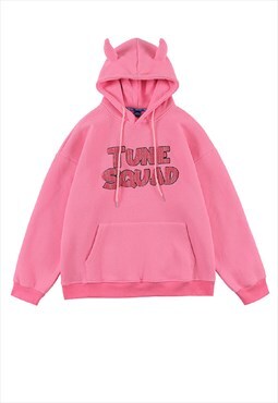 Tune squad hoodie devil horn pullover slogan top in pink