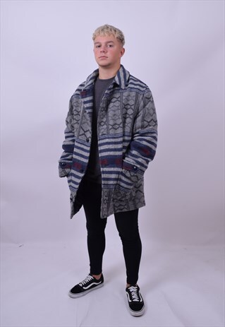 VINTAGE 90'S AZTEC GREY & BLUE WOOL MIX COAT SIZE X LARGE