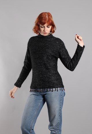 VINTAGE 80S METALLIC KNIT BEADED TASSEL MOHAIR JUMPER