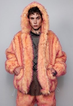 Luxury faux fur jacket florescent fleece luminous hood pink