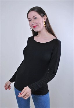 Women vintage black long sleeve minimalist pullover blouse