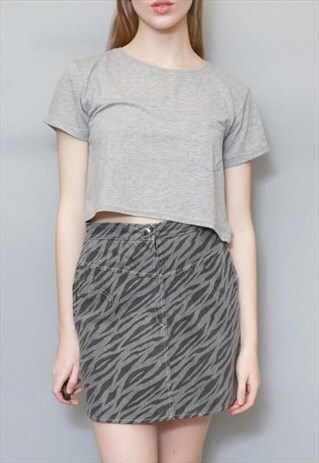 VINTAGE 1990'S GREY TIGER PRINT DENIM MINI SKIRT