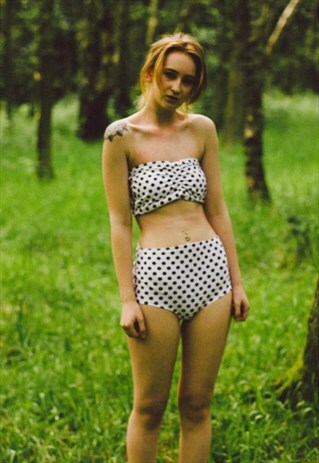 WHITE BROWN SPOTTY POLKA DOT HIGHWAISTED 50S SWIMSUIT BIKINI