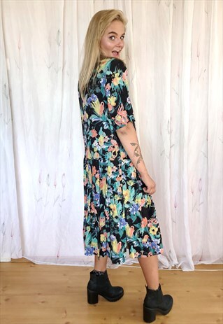 BLACK FLORAL LOW WAIST OVERSIZE VINTAGE DRESS