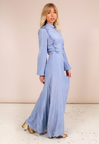 VINTAGE 70S STRIPED MAXI DRESS WITH RUFFLE DETAILING