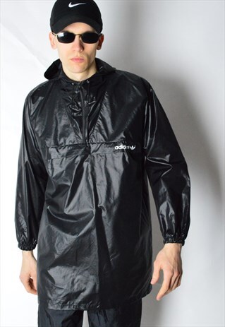 VINTAGE 80S BLACK ADIDAS LIGHTWEIGHT RAIN COAT JACKET