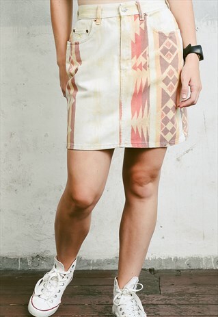 VINTAGE 90S YELLOW AZTEC PRINT DENIM SKIRT