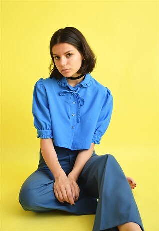 70'S MOD BOHO FESTIVAL PUSSYBOW CROP TOP SHIRT BLOUSE