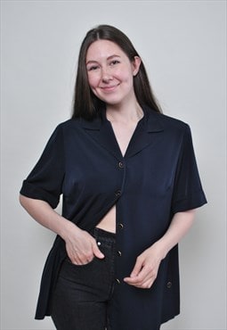 90's minimalist blouse, blue essential button down shirt
