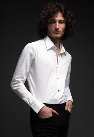 MENS WHITE SKULL BUTTON COTTON SHIRT