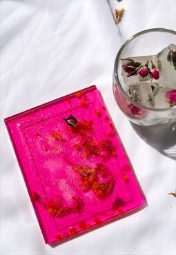 Hot Pink Coaster with Real Pressed Flowers and Glitter