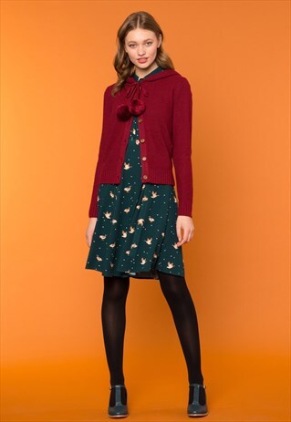 RED HOODED POM POM CARDIGAN