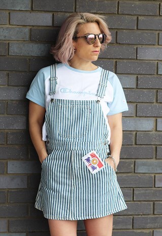 VINTAGE 1990S STRIPED DENIM DUNGAREE DRESS