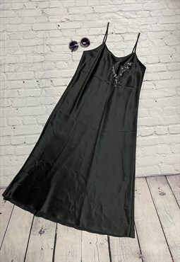 Y2K Black Embroidered Detail Midi Slip Dress Size 14