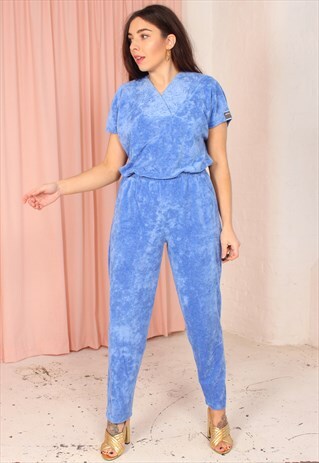 VINTAGE 80S VELVET TRACKSUIT CO-ORDINATE IN BLUE