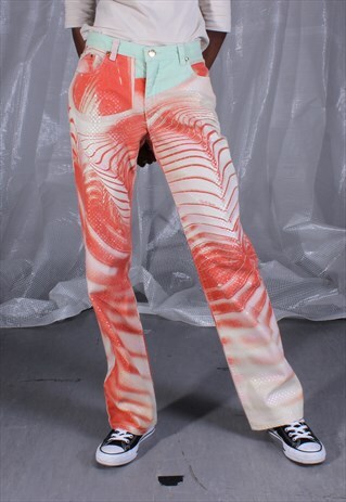 VINTAGE ROBERTO CAVALII Y2K RED, CREAM AND GREEN JEANS