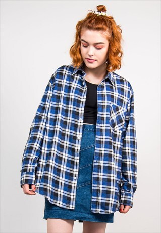 VINTAGE 90'S BLUE CHECK PATTERN GRUNGE FLANNEL SHIRT