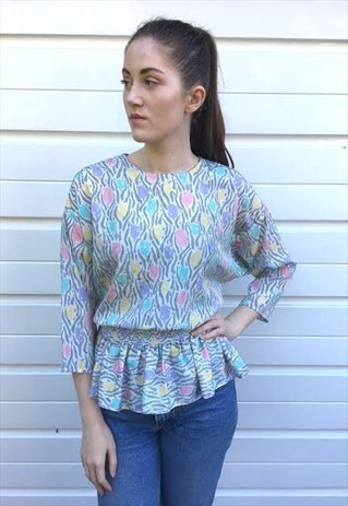 WOMENS VINTAGE 80S PEPLUM TOP WHITE PINK FLORAL BLOUSE SHIRT