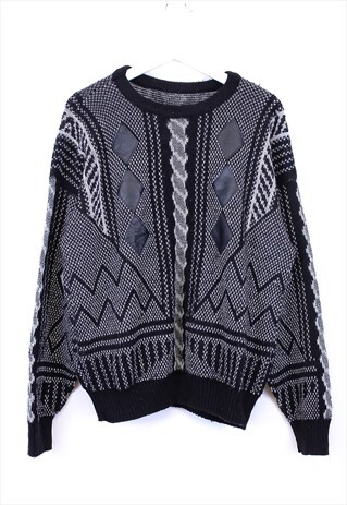 VINTAGE 90S KNITTED JUMPER BLACK WITH PATTERNS AND LEATHER