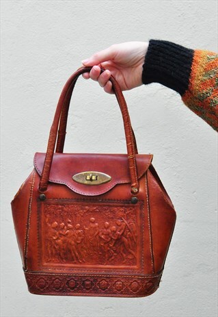 VINTAGE 1950'S TOOLED EMBOSSED MEXICAN BROWN LEATHER BAG