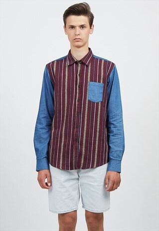 VINTAGE BLUE BURGUNDY LONG SLEEVE DENIM SHIRT
