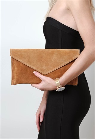 TAN SUEDE ENVELOPE CLUTCH BAG