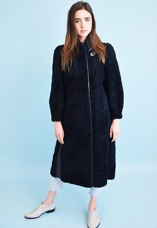 VINTAGE 70'S RETRO OVERSIZED FAUX FUR SHEARLING NAVY COAT