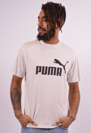 PUMA MENS VINTAGE T-SHIRT TOP SMALL WHITE 90S