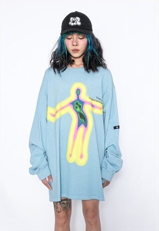 FLUORESCENT RAVER TOP PARTY PRINT NEON LONG T-SHIRT IN BLUE